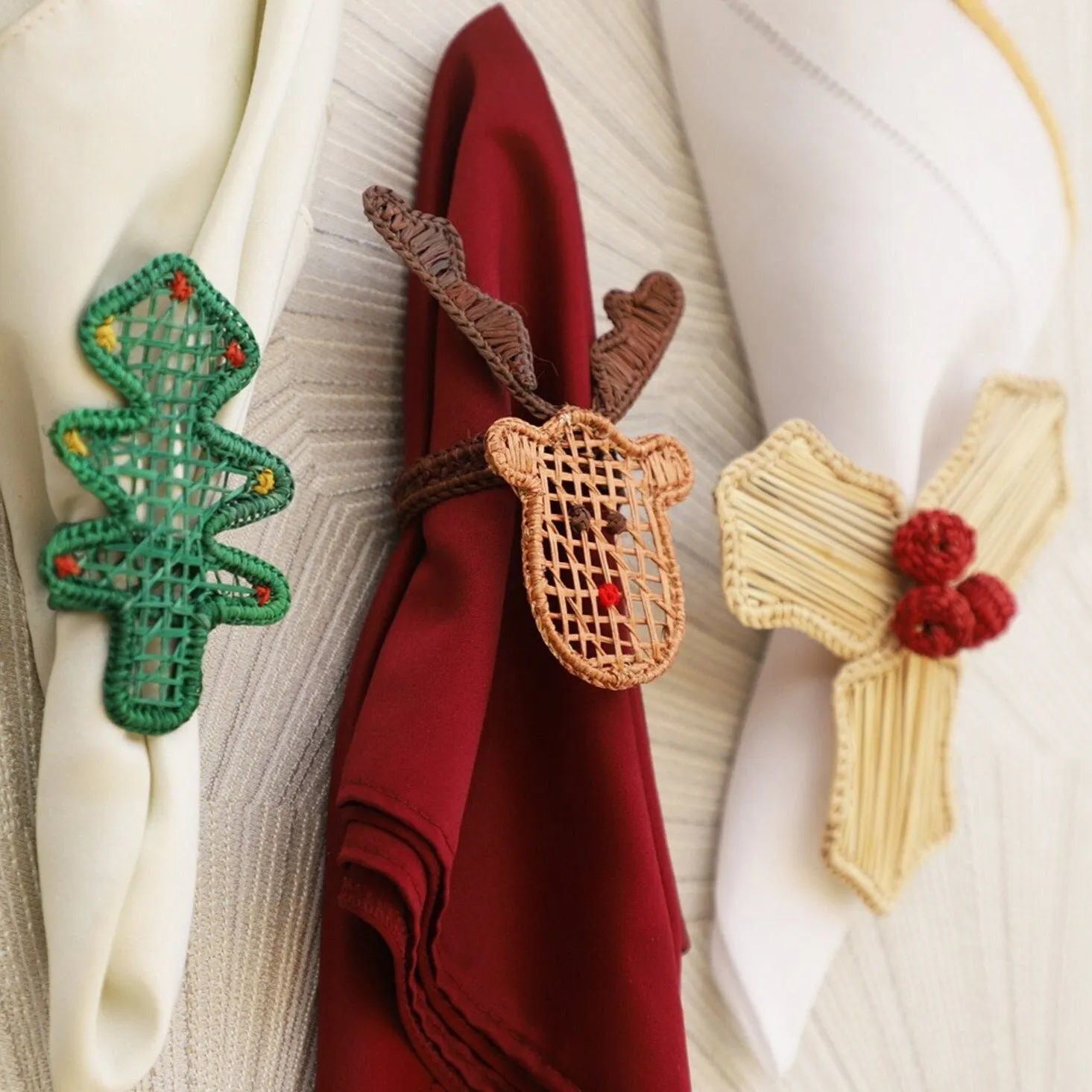 Christmas Napkin Rings - Reindeer, Holly Berry, Christmas Tree - For Holiday's Table Decor