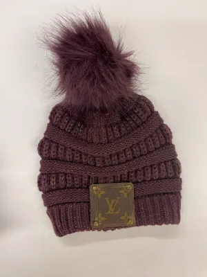 Maroon Beanie (iridescent in the yarn) with brown patch antique hardware