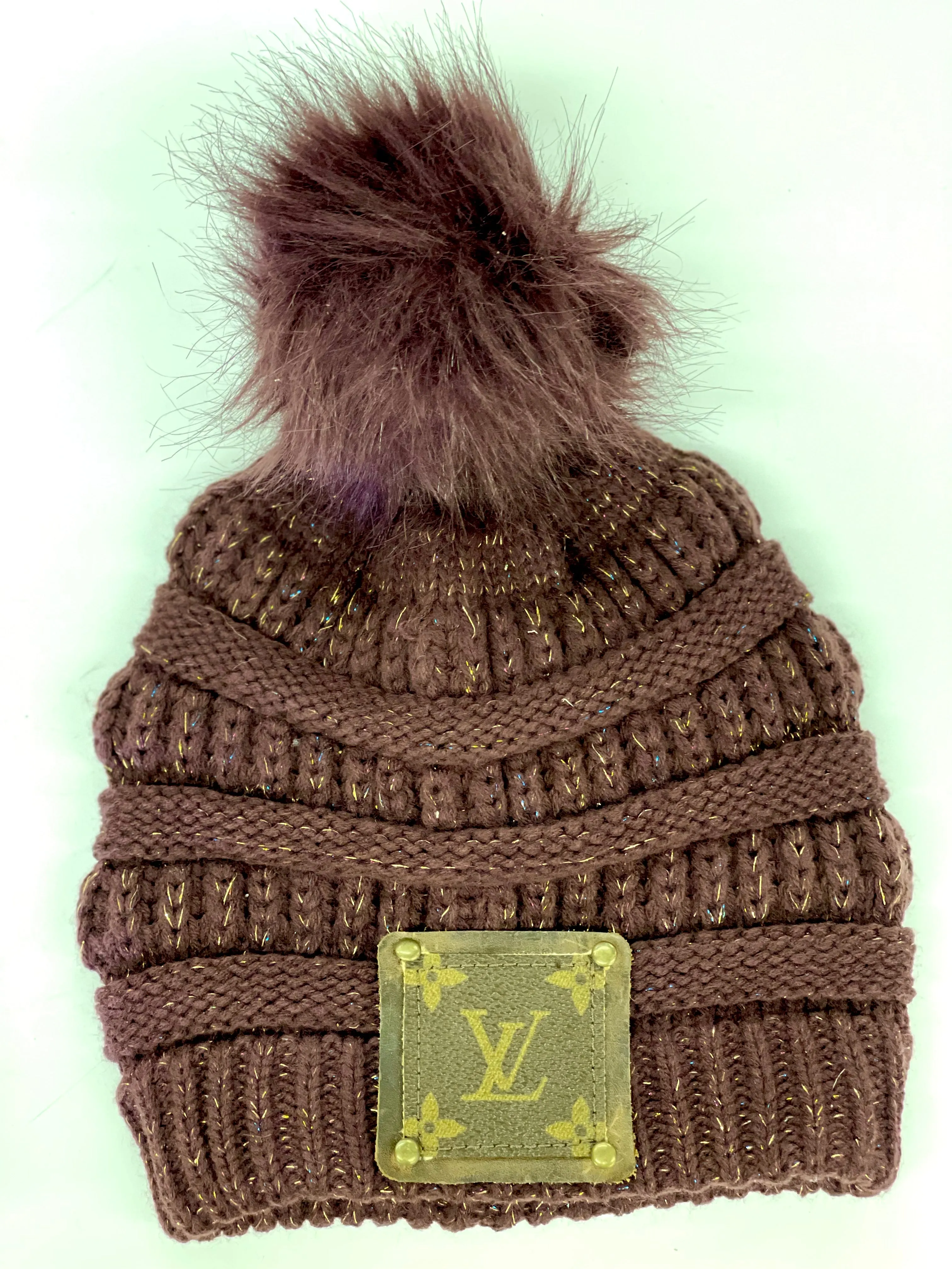 Maroon Beanie (iridescent in the yarn) with brown patch antique hardware